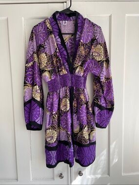 Anne Pinkerton Vintage Ankara Kimono Silk Robe Purple & Gold Smocked-Waist Small